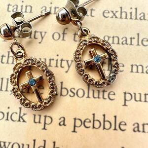 Vintage Gold Cross Drop Earrings Blue Stone Coquette Catholic Vibe Cute Dainty